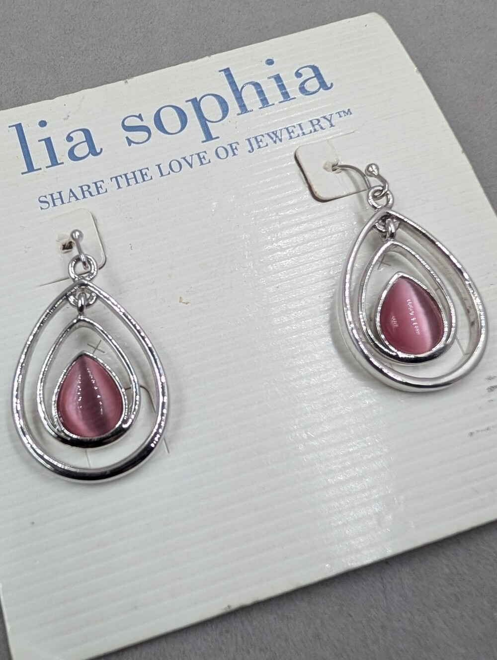 Lia Sophia Pink Cat Eye Double Teardrop Silver Tone Earrings | M280